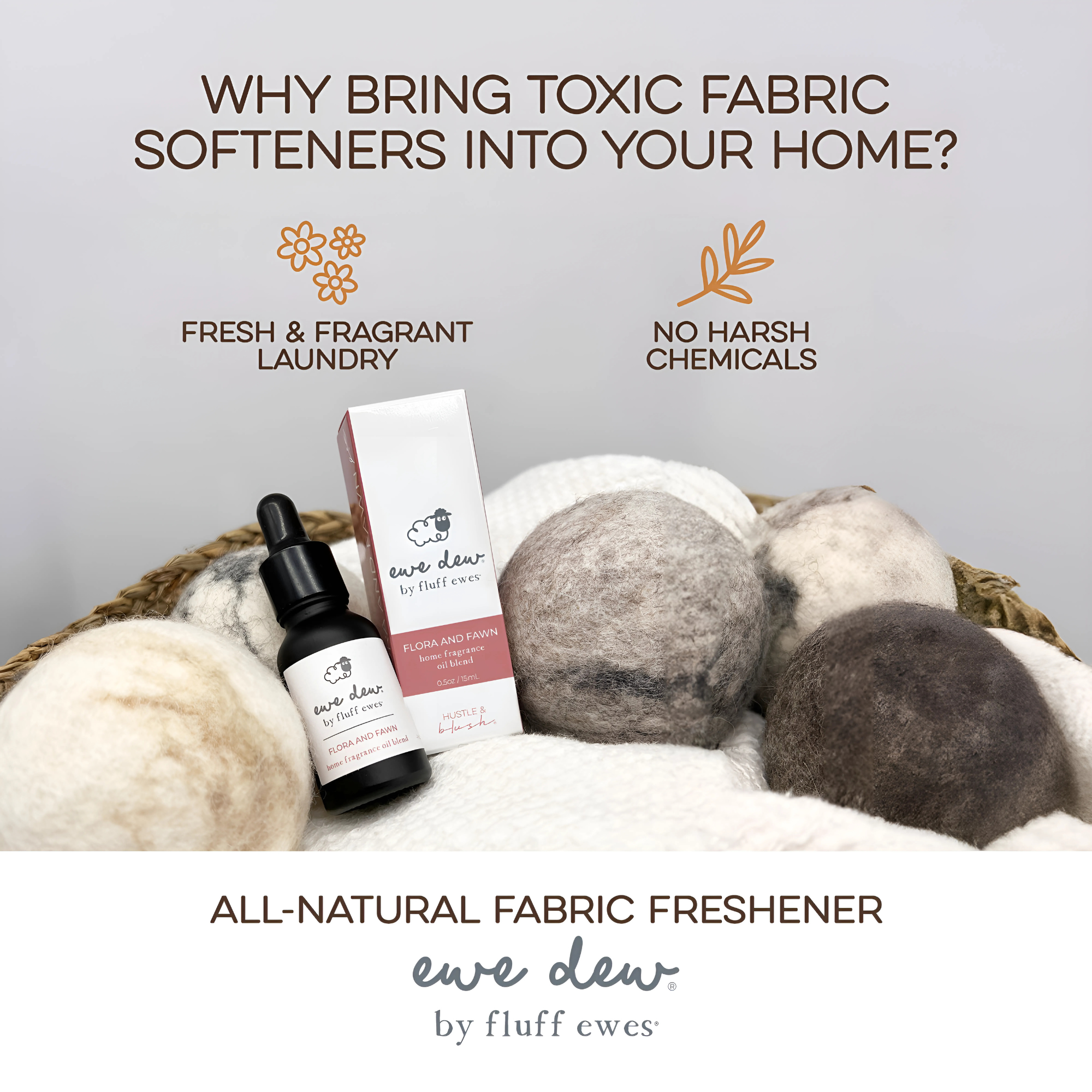 Ewe Dew by Fluff Ewes Meadow Mist, a light, fresh floral essential oil blend for wool dryer balls or diffusers, boosts laundry scent naturally—enjoy fresh laundry with no harsh chemicals. 0.5 fl oz/15 mL.