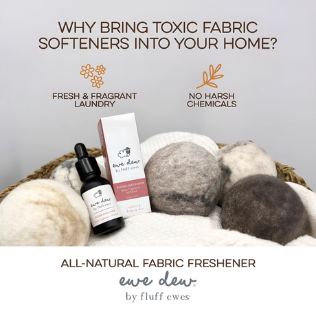 Ewe Dew by Fluff Ewes Meadow Mist, a light, fresh floral essential oil blend for wool dryer balls or diffusers, boosts laundry scent naturally—enjoy fresh laundry with no harsh chemicals. 0.5 fl oz/15 mL.