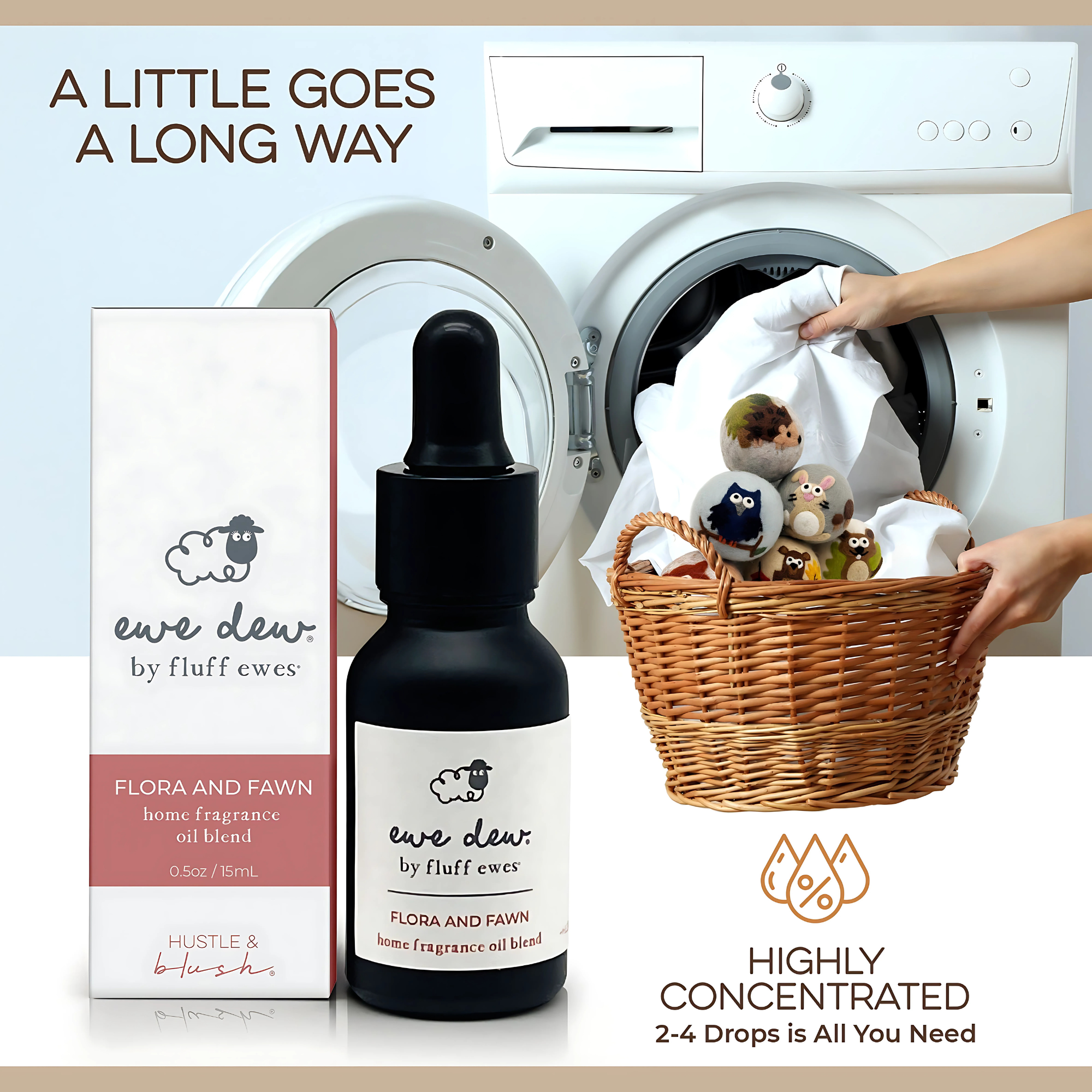 A hand loads laundry beside Ewe Dew by Fluff Ewes Flora & Fawn, a highly concentrated, light fresh floral essential oil blend for wool dryer balls or diffusers (0.5 fl oz/15mL), perfect for laundry and home fragrance.