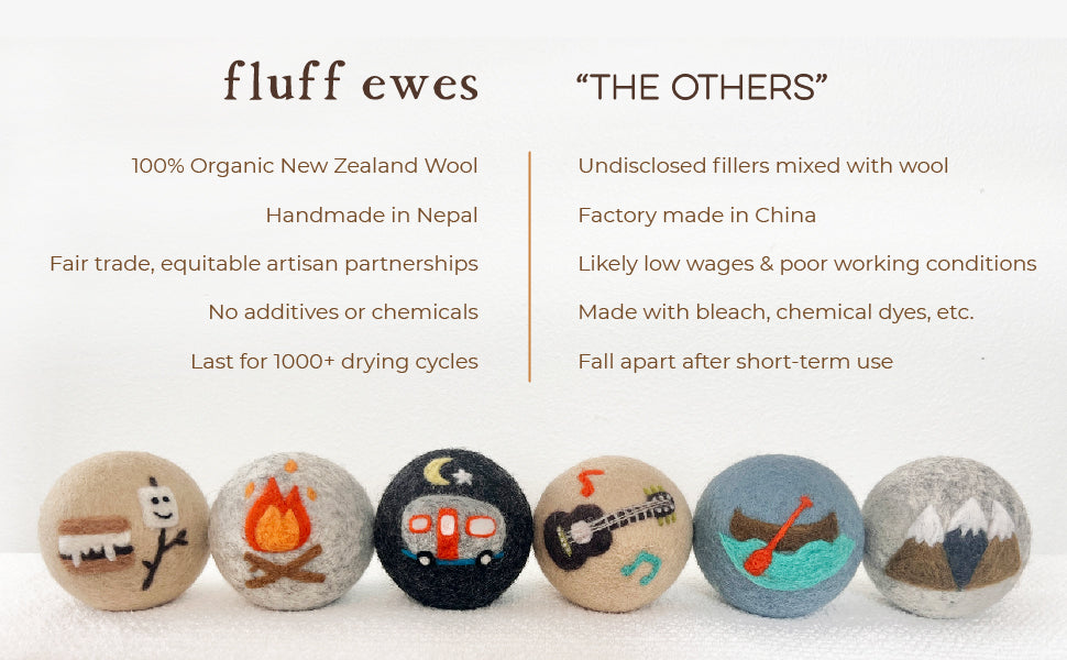 Fluff Ewes "Are we there yet?" premium wool dryer balls for laundry: set of 6