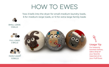 Fluff Ewes Premium XL Dryer Balls "Sheep in Heavenly Peace" Holiday 3 pack—eco-friendly, natural fabric softener for small, full, and family-sized loads; features festive sheep designs.