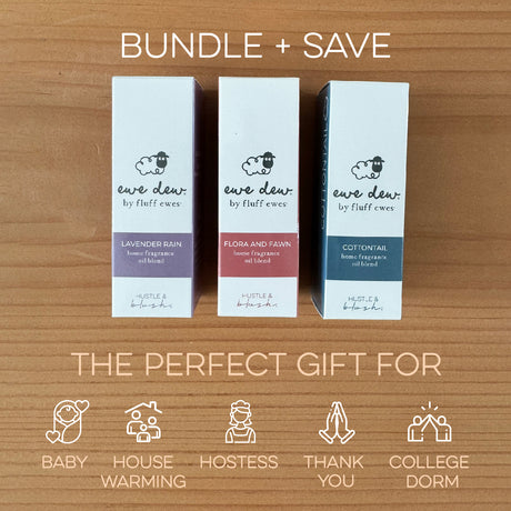 Three boxed home fragrance oil blends make a perfect gift for baby, hostess, and more—pair them with the Fluff Ewes Premium XL Dryer Balls: "Sheep in Heavenly Peace" 6 Pack Holiday Limited Edition for an eco-friendly, thoughtful touch.