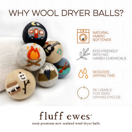 Fluff Ewes "Are we there yet?" premium wool dryer balls for laundry: set of 6