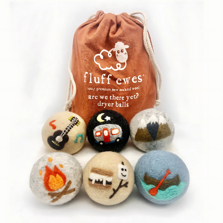 Fluff Ewes "Are we there yet?" premium wool dryer balls for laundry: set of 6