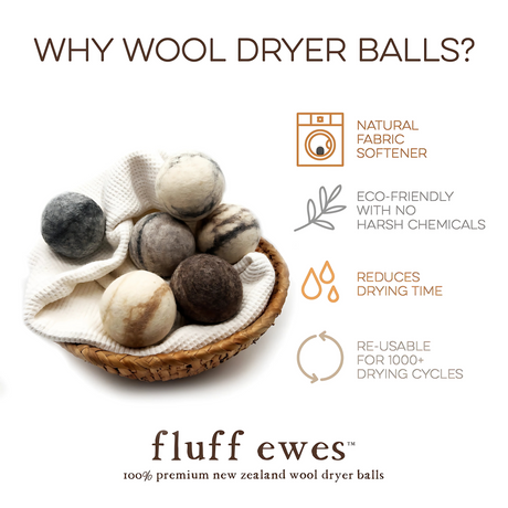 Fluff Ewes "Bag of Marbles" DYE FREE natural wool dryer balls for laundry: set of 3 or 6