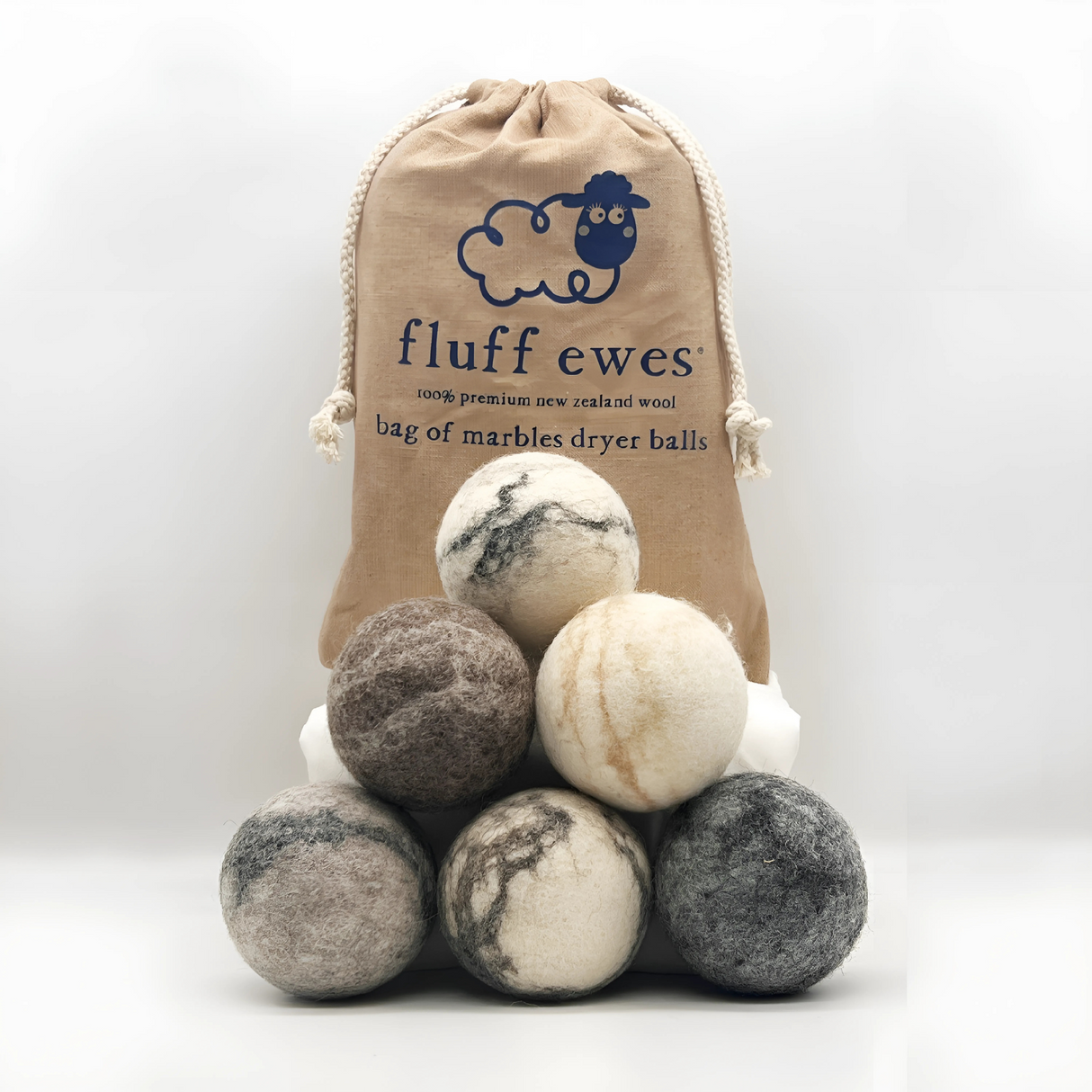 Fluff Ewes "Bag of Marbles" Dye Free Natural Wool Dryer Balls for Laundry: Set of 3 or 6