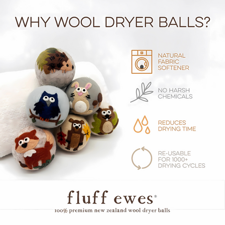 Fluff Ewes "Hedgehog & Homies" premium wool dryer balls for laundry: set of 6