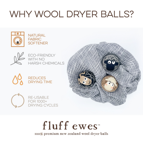 Fluff Ewes premium wool dryer balls for laundry: 3 pack for "Darks"