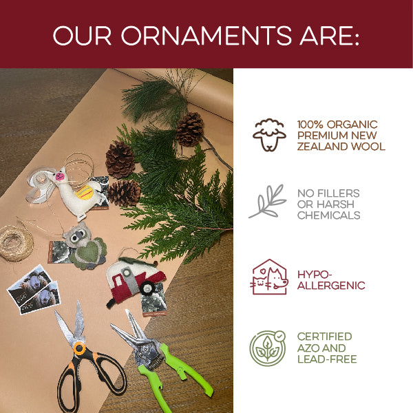 Rainbow: A hand-felted ornament made from New Zealand wool, hypoallergenic and organic. This artisan Christmas ornament adds a unique touch to gifts wrapped in brown paper, accented with pinecones, greenery, photos, and scissors.