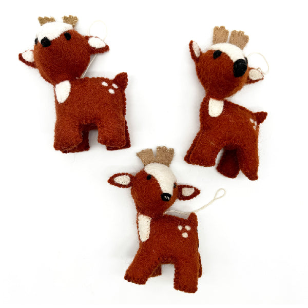 Trio of Hand-Stitched Felted Large Deer Ornaments