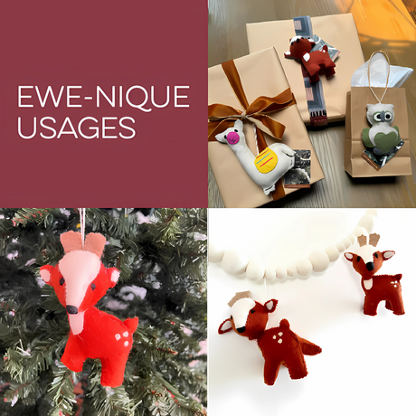 Four images display the Hand-Stitched Felted Large Deer Ornament adorning gifts, a tree, and a beaded garland, with the text "EWE-NIQUE USAGES".