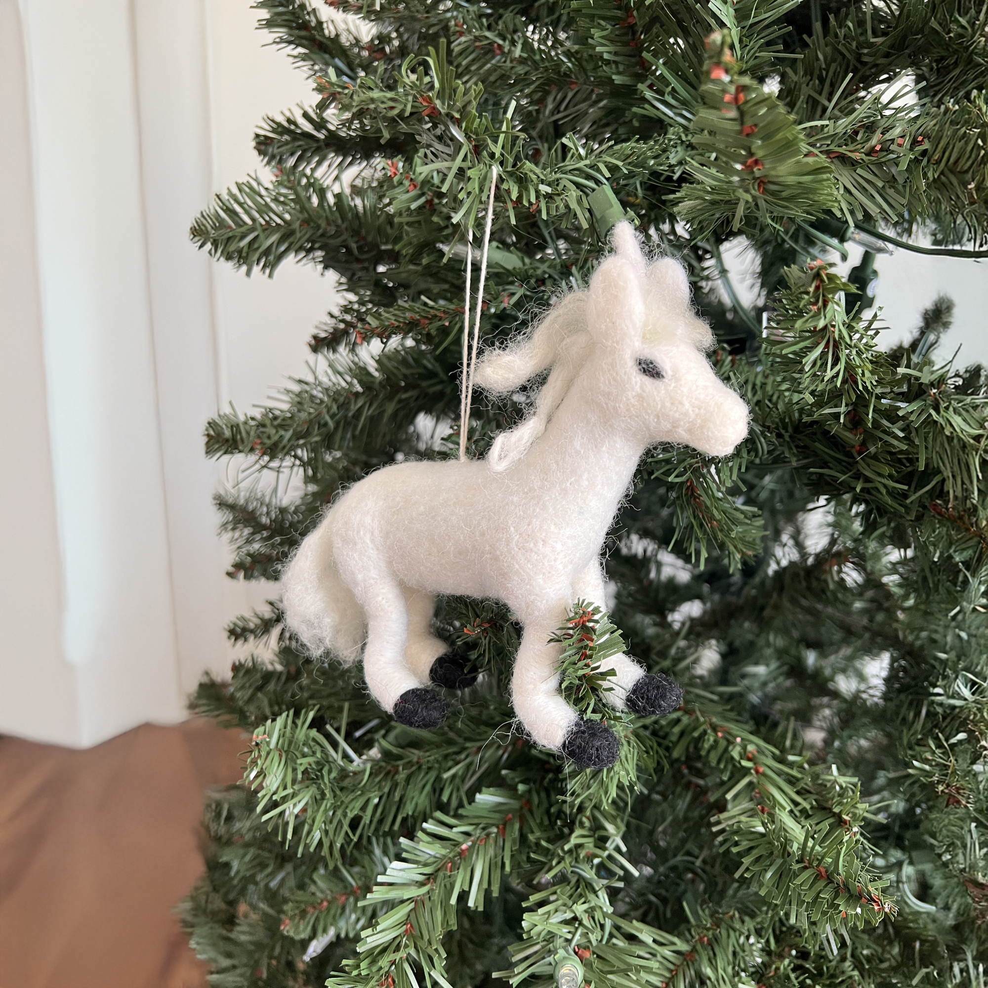 Hand-Stitched Felted Large White Prancing Unicorn Ornament
