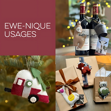 The Hand-Stitched Felted Large White Prancing Unicorn Ornament, crafted with New Zealand wool, is perfect as an artisan Christmas ornament, wine charm, gift topper, or tree decoration. Text reads "EWE-NIQUE USAGES.