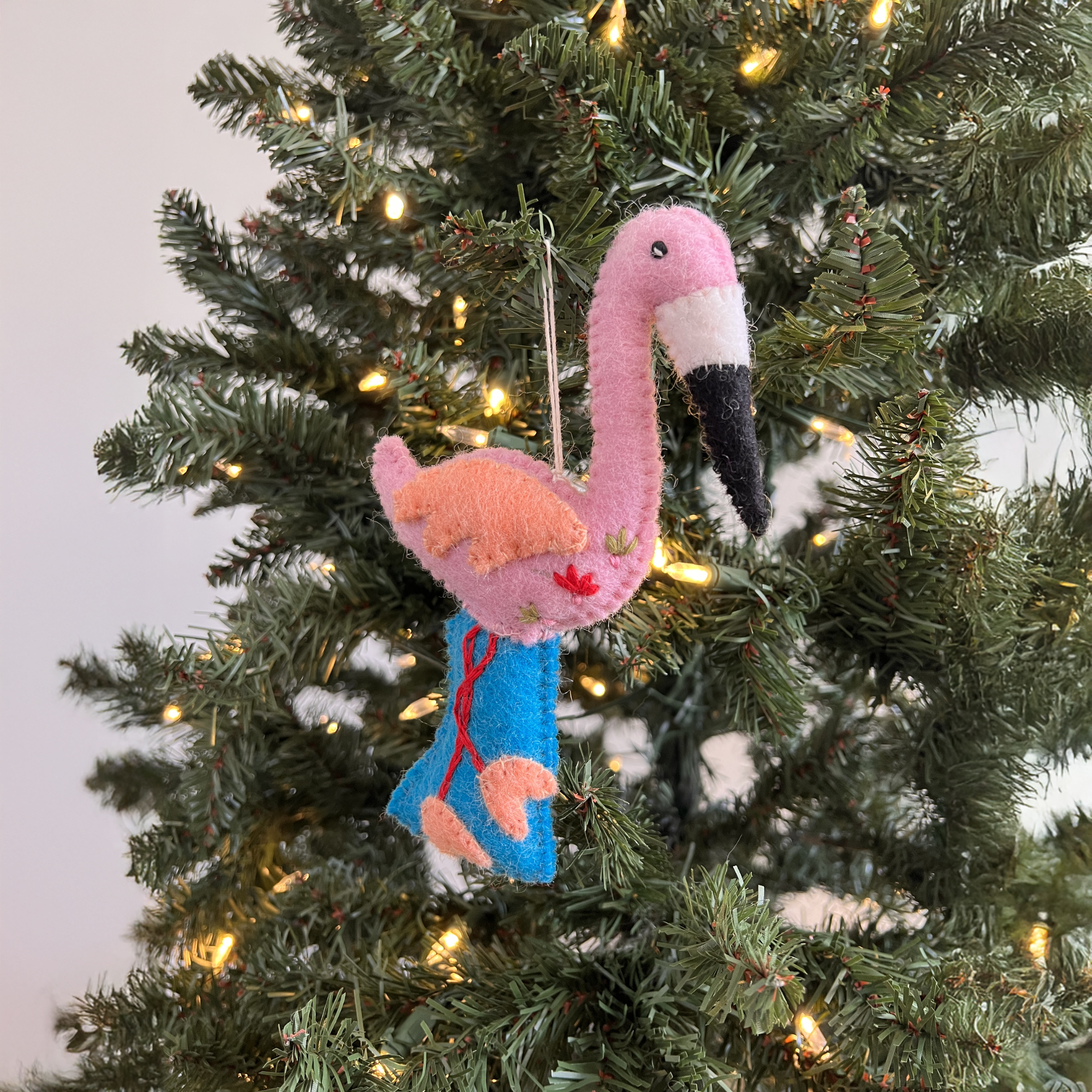 Hand-Stitched Felted Flamingo Ornament