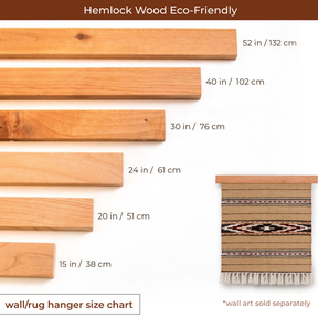 Six Eco-Friendly Hemlock Wood Rug Quilt Hanger Wall Hanging Knobless pieces of increasing lengths are displayed with measurements beside a woven wall hanging for scale.