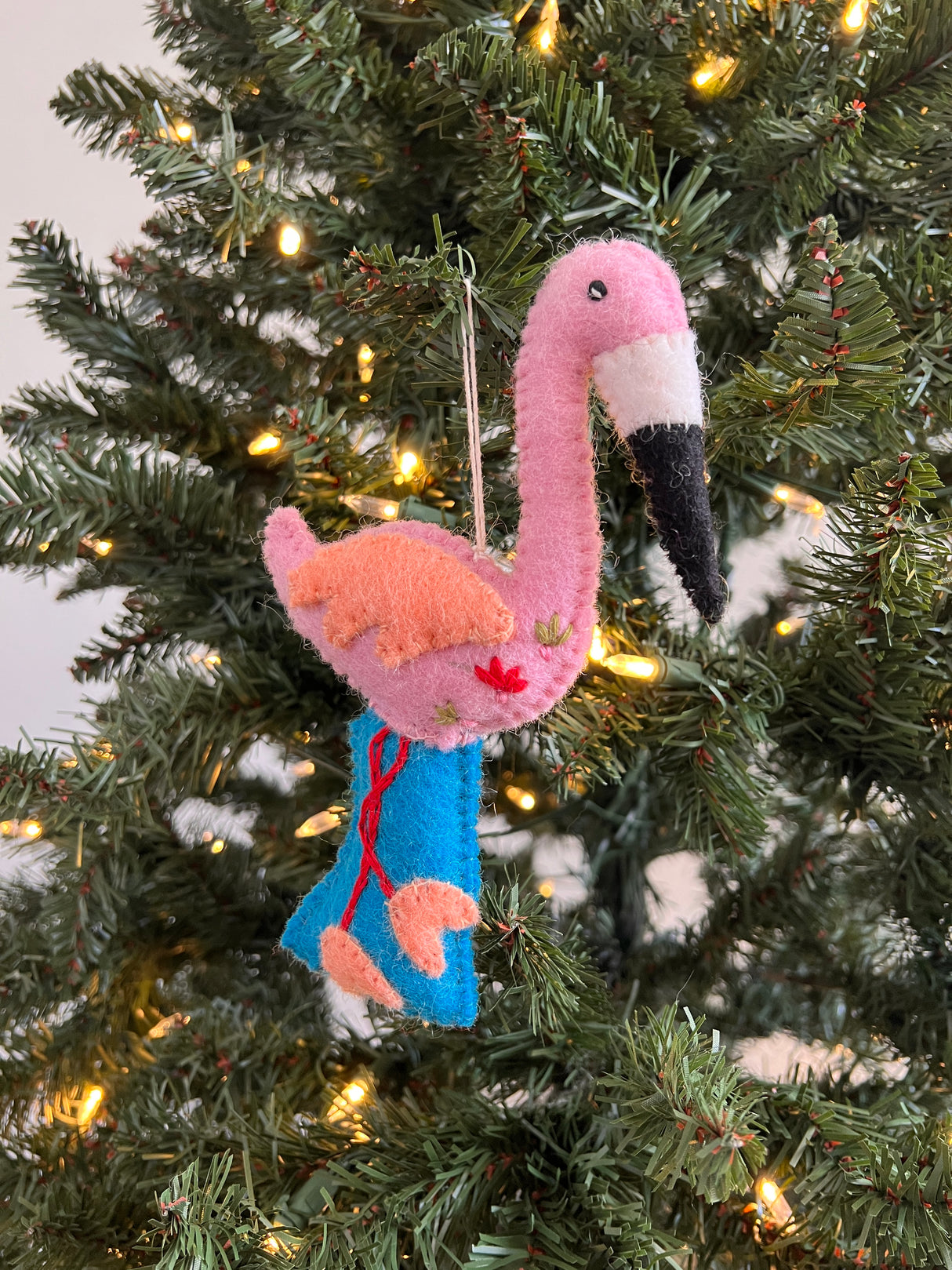 Hand-Stitched Felted Flamingo Ornament