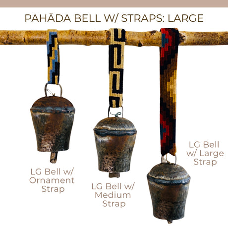 Three vintage handmade Pahāḍa yak, goat & sheep's bells from the Himalayas of Nepal & Tibet hang together, reflecting artisanal beauty. Use as a 7-8" bell Christmas ornament, wreath decor, or for sound baths; supports fair trade artisans.