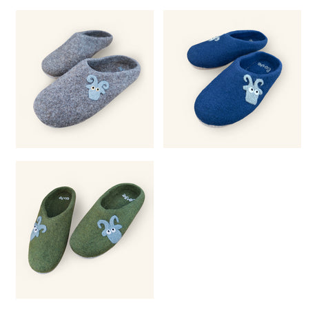 Three pairs of Love Ewe Hand-Felted Organic Wool Slippers for Men (Blu-G)—gray, blue, and green—each featuring a cartoon animal face on the toes.