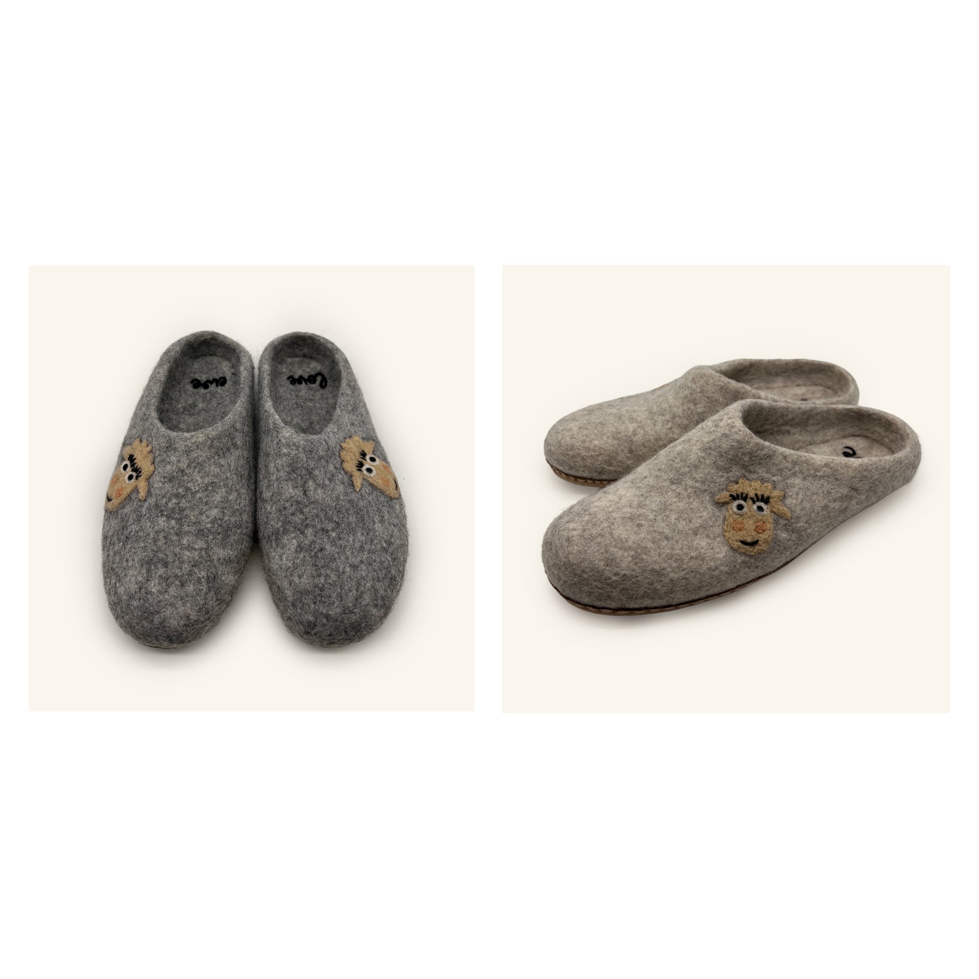Love Ewe Hand-Felted Organic Wool Slippers for Women (Blush-LG), handmade in Nepal under fair trade practices, feature a charming bear face design. Shown from above and side on a light background.