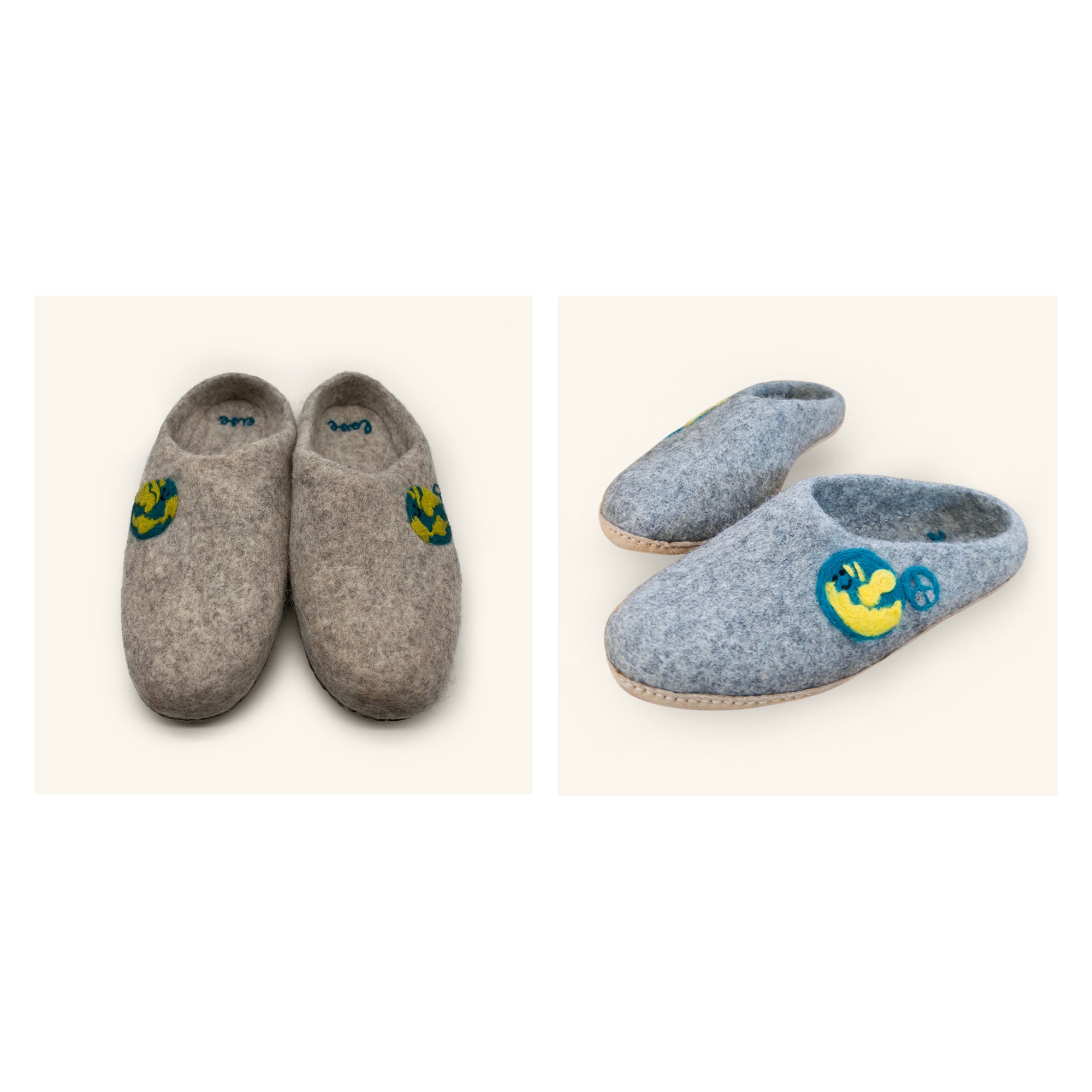 Two pairs of Love Ewe Hand-Felted Organic Wool Slippers for Women (Peace-DG), handmade in Nepal—one gray and one light blue—each with a yellow-green embroidered patch.