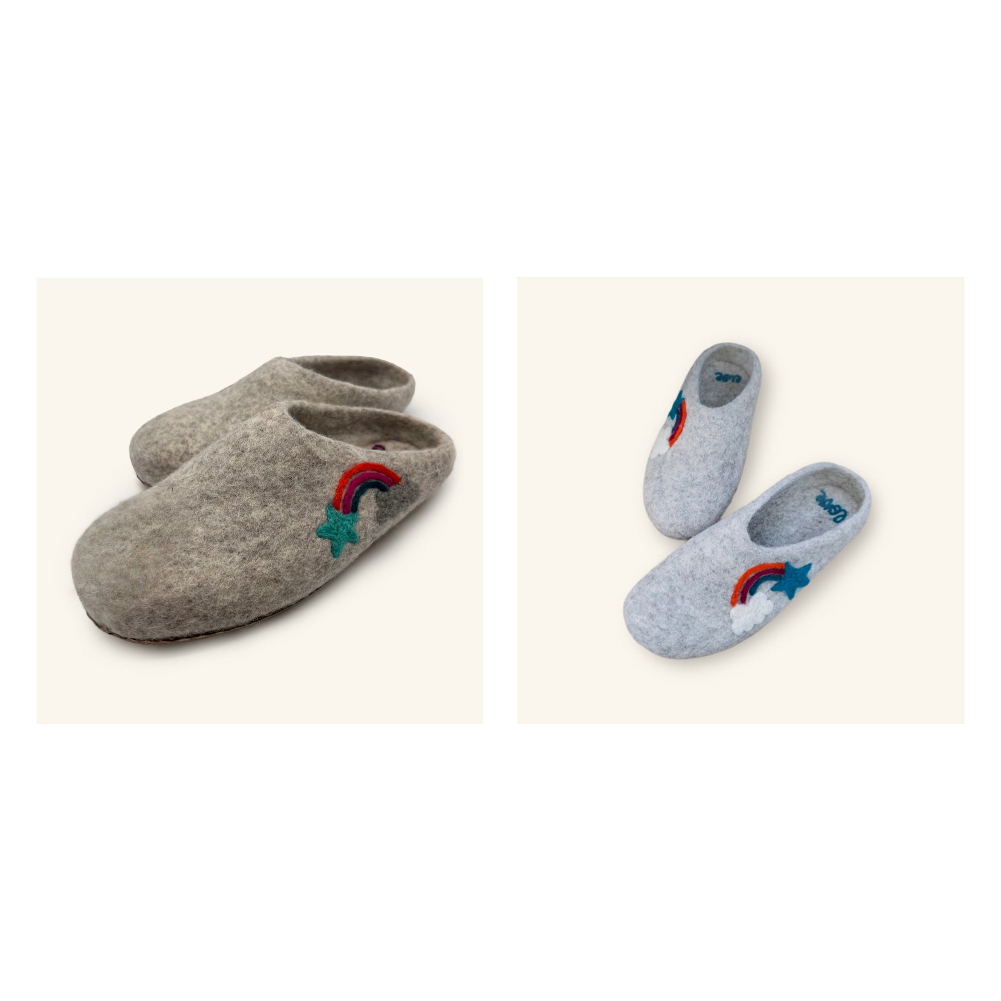 Two pairs of Love Ewe Hand-Felted Organic Wool Slippers for Women (Rainbow-Light), handmade in Nepal, feature organic wool, colorful rainbow and star patches, and come in gray and beige.