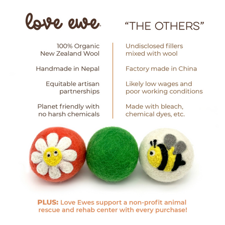 Love Ewe Handmade Felt Pet Toys: 3-pack includes one red daisy, one green, and one gray bee design. Crafted from natural-dyed organic New Zealand wool—planet friendly and perfect for laundry or as playful toys for cats, dogs, or small pets.