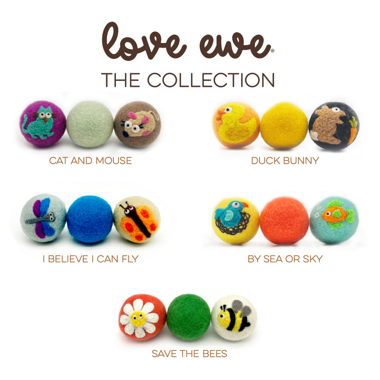 Love Ewe Handmade Felt Pet Toys for Cats, Kittens, Dogs, Small Pets: Planet Friendly, Natural Dye, Pack of 3 Bird / Fish, Cat / Mouse, Duck / Bunny, Butterfly / Dragonfly or Bee / Flower