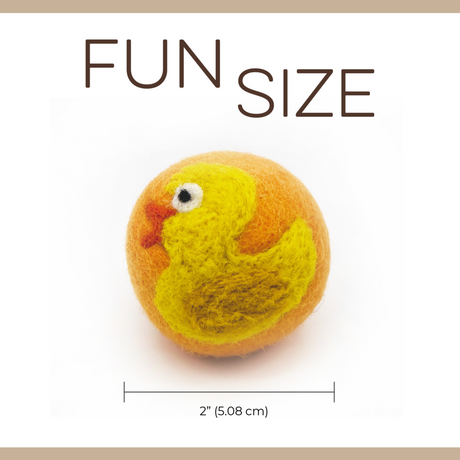 The Love Ewe Handmade Felt Pet Toys pack features eco-friendly, naturally dyed wool balls (2 inches wide) with a yellow duck design—perfect interactive toys for cats, kittens, dogs, and small pets. Available in a 3-pack or 2-pack Land Lovers Combo.