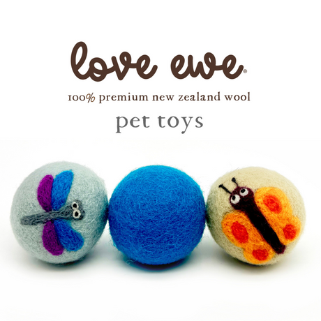 Love Ewe Handmade Felt Pet Toys—planet-friendly, natural dye, pack of 3 with blue ball, dragonfly, and butterfly designs—perfect for cats, kittens, dogs, and small pets.
