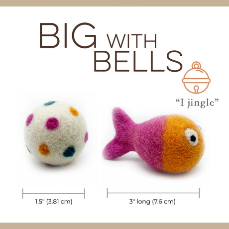 Love Ewe Handmade Felt Pet Toys for Cats, Kittens, Dogs & Small Pets: Hook, Line & Jingle includes a felt polka dot ball and a purple-orange fish with bells, shown with measurements. Safe, non-toxic, durable—perfect for playful cats.