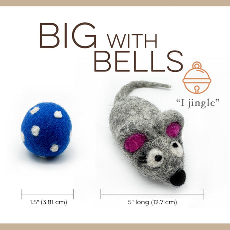 Love Ewe Handmade Felt Pet Toys for Cats, Kittens, Dogs, Small Pets: Roll the Mice includes a blue polka dot ball and a gray hand-felted mouse toy, shown with size measurements and an “I jingle” bell icon.