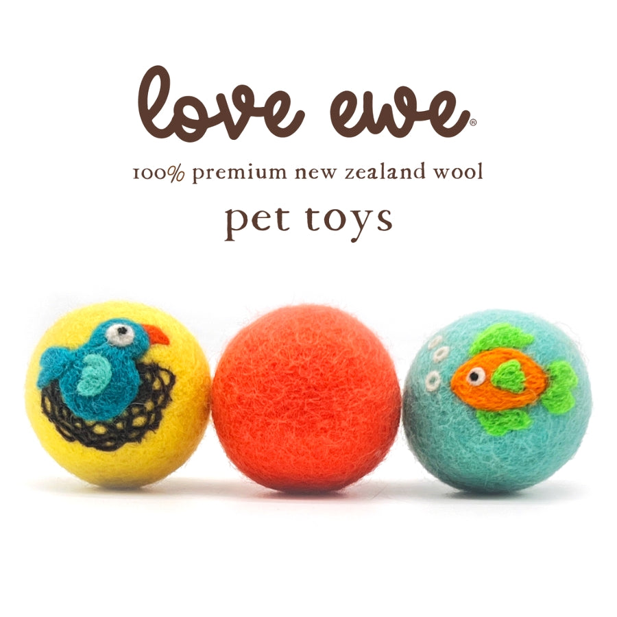 The "Love Ewe" Handmade Felt Pet Toys 3-Pack includes planet-friendly, naturally dyed cat toys in Bird/Fish, Cat/Mouse, and Duck/Bunny designs—perfect interactive fun for cats, kittens, dogs, and small pets.