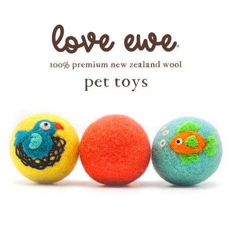 The "Love Ewe" Handmade Felt Pet Toys 3-Pack includes planet-friendly, naturally dyed cat toys in Bird/Fish, Cat/Mouse, and Duck/Bunny designs—perfect interactive fun for cats, kittens, dogs, and small pets.