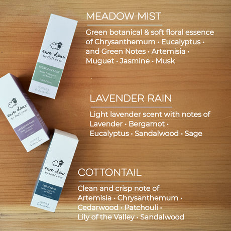 The Ewe Dew by Fluff Ewes Meadow Mist (0.5 fl oz) is a light, fresh floral essential oil blend, perfect for wool dryer balls or diffusers, serving as both a laundry scent booster and a soothing home fragrance.