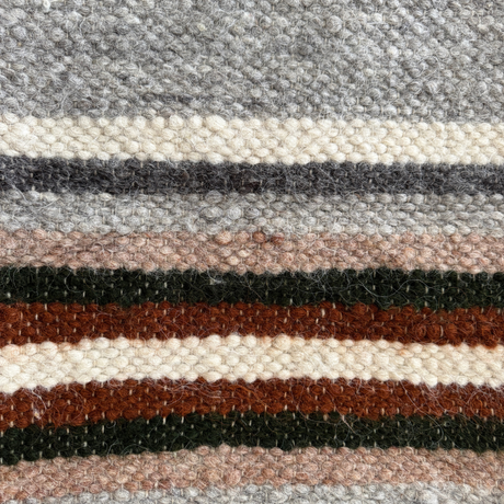 Close-up of Mudry (Wise) Wool Statement Baby Blanket, featuring woven horizontal stripes in gray, cream, brown, black, and dark green—ideal as a cozy statement throw.