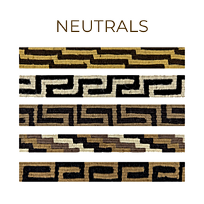 Five large straps for hanging vintage bells, featuring geometric patterns in neutral shades, with "NEUTRALS" above them in bold letters.
