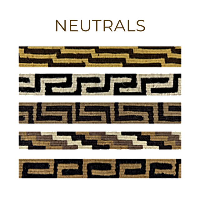 Five Medium Straps for Hanging Vintage Bells, featuring geometric neutral patterns reminiscent of artisan-made designs, are displayed horizontally beneath the word "NEUTRALS.