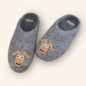 Love Ewe Hand-Felted Organic Wool Slippers for Men (Beau-G): gray slippers handmade in Nepal, featuring soft wool, smiling sheep faces, and floppy ears on the toes.