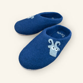 Love Ewe Hand-Felted Organic Wool Slippers for Men (Blu-BL) feature a cozy blue design with a cute grey animal face, handmade in Nepal from fair trade, organic wool for comfort and style.