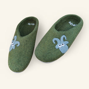 Love Ewe Hand-Felted Organic Wool Slippers for Men (Blu-G), featuring a charming gray ram face design, are handmade in Nepal and shown on a light background.