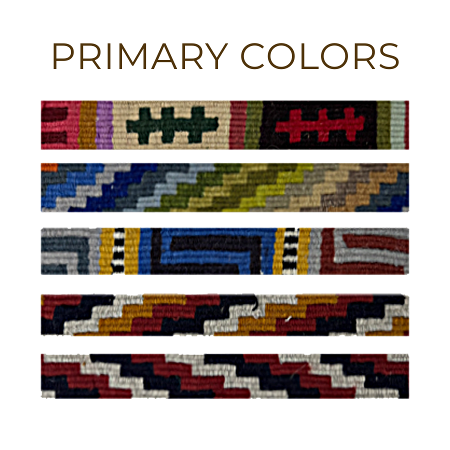 Four ornament straps for hanging vintage bells, hand-woven with colorful geometric patterns, are displayed with the label "PRIMARY COLORS" above them.
