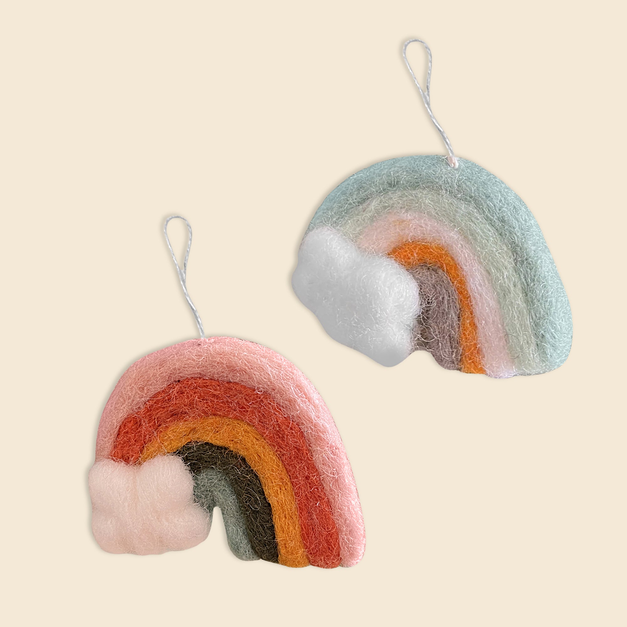 Pair of Hand-Stitched Felted Rainbow Ornaments