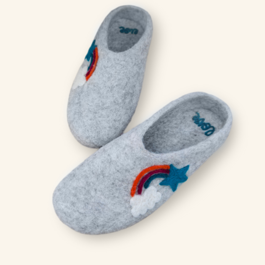 Love Ewe Hand-Felted Organic Wool Slippers for Women (Rainbow-Light)