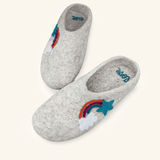 Step into comfort and style with Love Ewe Hand-Felted Organic Wool Slippers for Women (Rainbow-Bright), featuring gray felt and cheerful rainbow, cloud, and star details—crafted from sustainable wool for cozy charm.