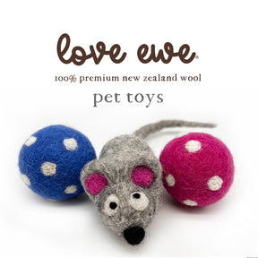 Love Ewe Handmade Felt Pet Toys for Cats, Kittens, Dogs, and Small Pets: Roll the Mice set includes three durable, hand-felted organic wool toys—a gray mouse and two polka-dot balls (one blue, one pink)—on a white background.