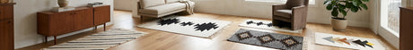 A bright room with wood floors, a sofa, chair, plants, and five patterned area rugs in various designs.