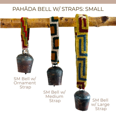 Vintage Handmade Pahāḍa Yak, Goat & Sheep's Bells from the Himalayan Mountains of Nepal and Tibet hang from colorful woven straps, crafted with care; perfect as a 4" bell Christmas ornament, wreath decor, or for sound baths.