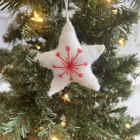 Trio of Hand-Stitched Felt Stars and Heart Ornaments