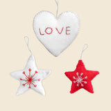 Trio of Hand-Stitched Felt Stars and Heart Ornaments: includes a white heart with "LOVE" and two stars, one white, one red, each with embroidered designs. Beautiful artisan Christmas ornaments handcrafted in Nepal.