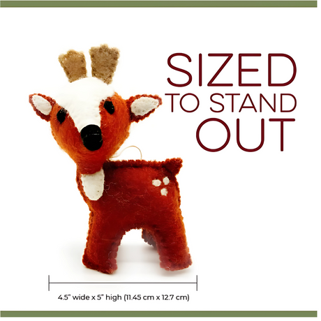 The Trio of Hand-Stitched Felted Large Deer Ornaments, featuring felt antlers and "Sized to Stand Out" dimensions, brings handmade charm to your decor—crafted in the spirit of fair trade Nepalese ornaments.